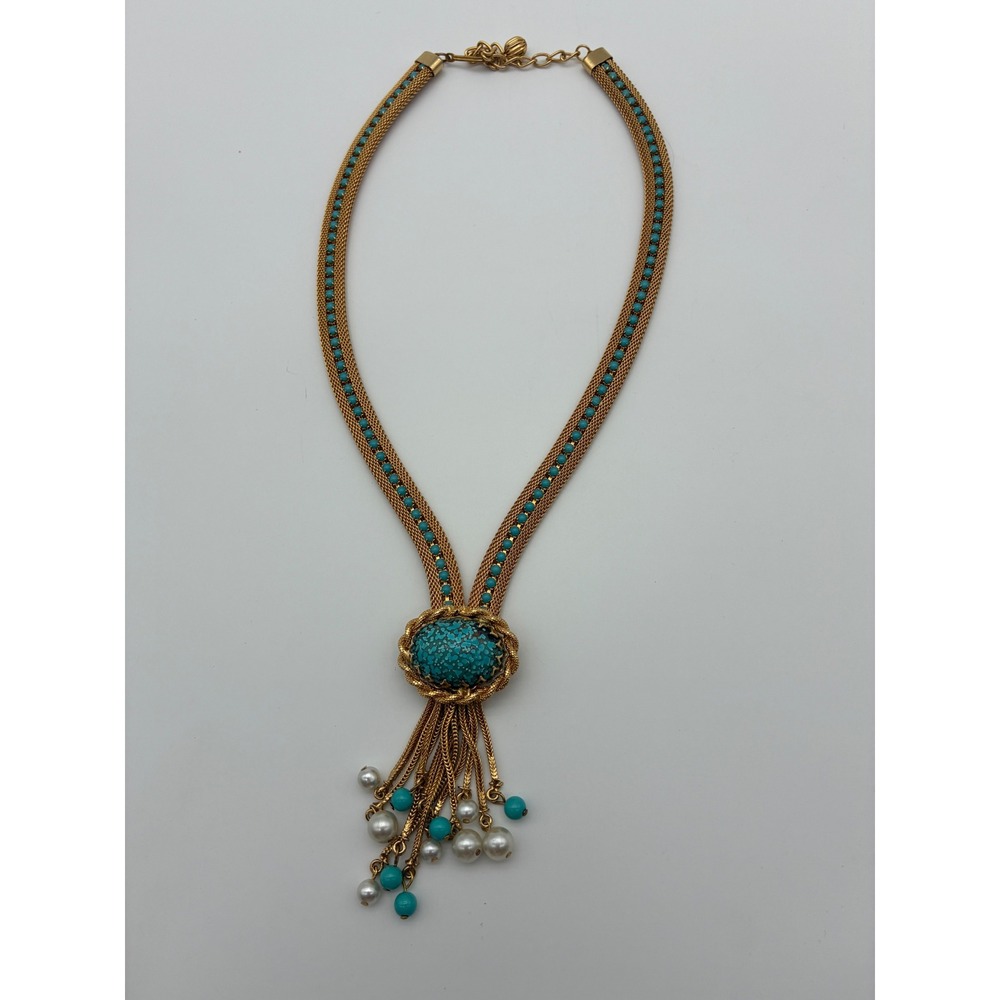 Vintage Hobe Unsigned 1960s Gold Mesh Turquoise Faux Pearl Tassel Drop Necklace